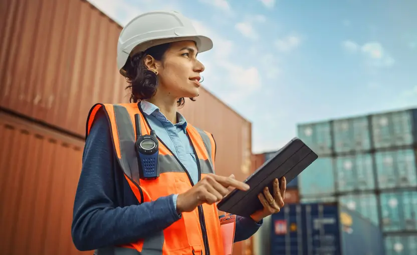 Portrait of a female utility worker onsite wearing an orange vest and a hard hat and holding a tablet.