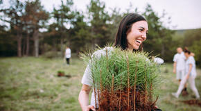 A female volunteer carrying trees to be planted at the service site. 