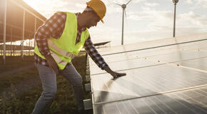 A young man in jeans, a red plaid shirt, a yellow safety vest, and a yellow hard hat works at a renewable energy wind farm. He touches a solar panel.