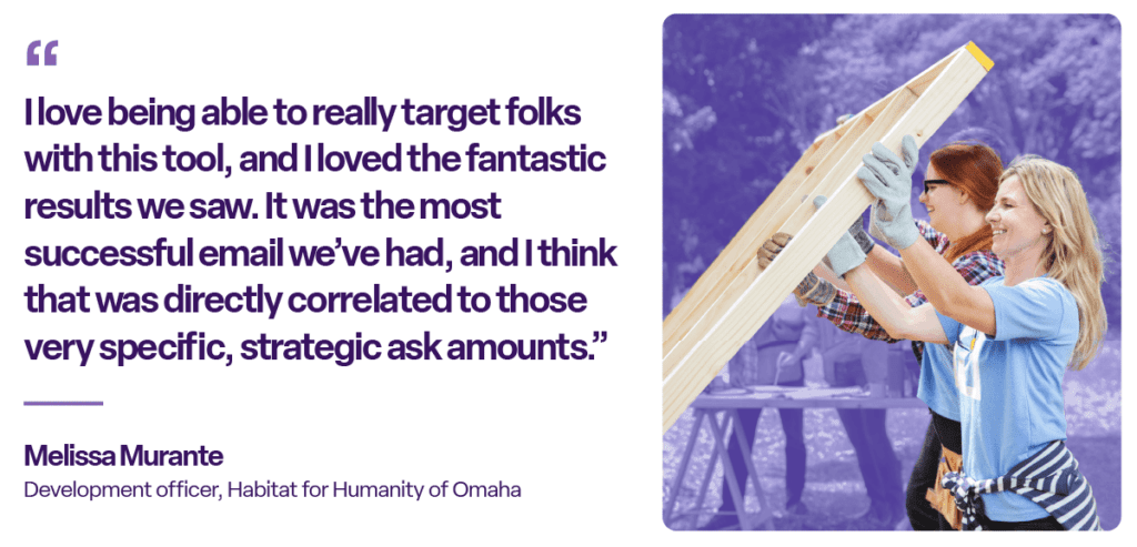 'I love being able to really target folks with this tool, and I loved the fantastic results we saw. It was the most successful email we've had, and I think that was directly correlated to those very specific, strategic ask amounts.' ~Melissa Murante