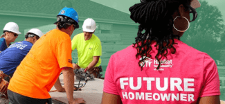 Woman wearing a 'Future Homeowner' shirt and hard hat at a construction site with Habitat for Humanity volunteers.