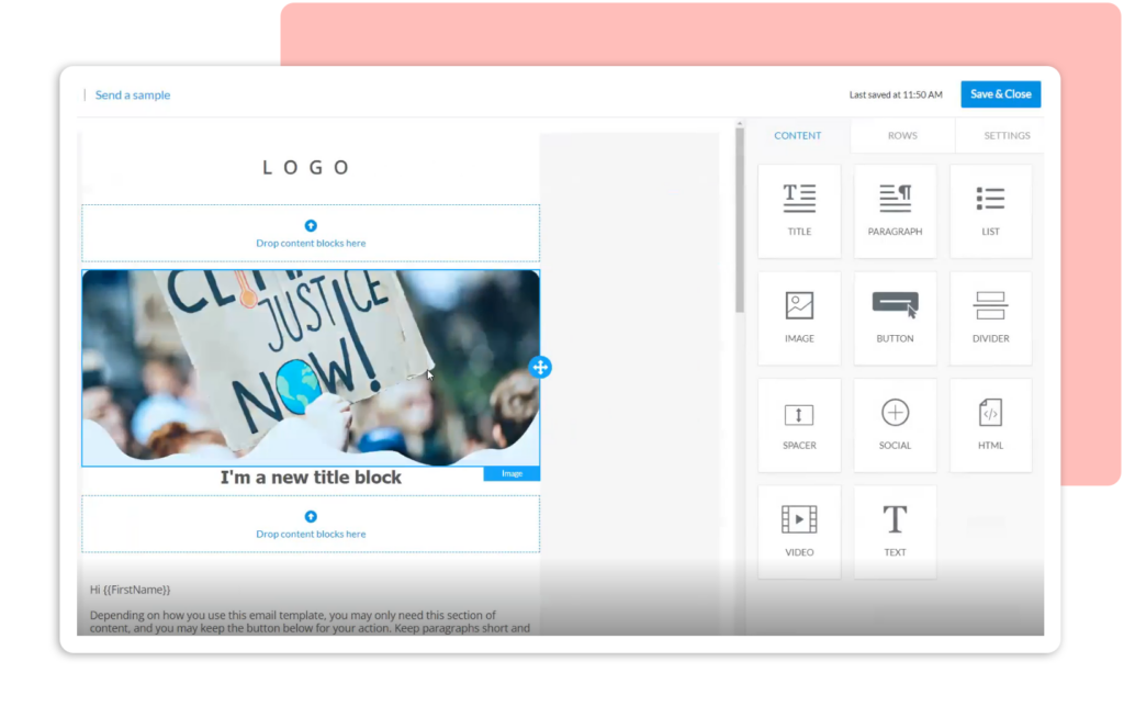 Drag-and-drop email creation tool within Bonterra Fundraising and Engagement
