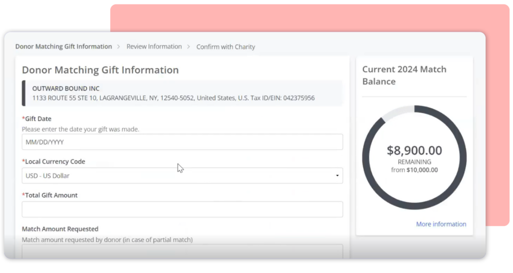 Screenshot of a matching gift form in Bonterra’s CSR software for financial institutions