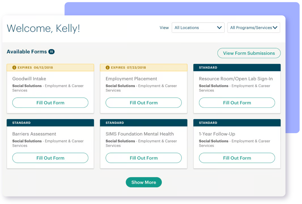 Student portal within Bonterra Impact Management (built on Apricot), showing six forms to fill out