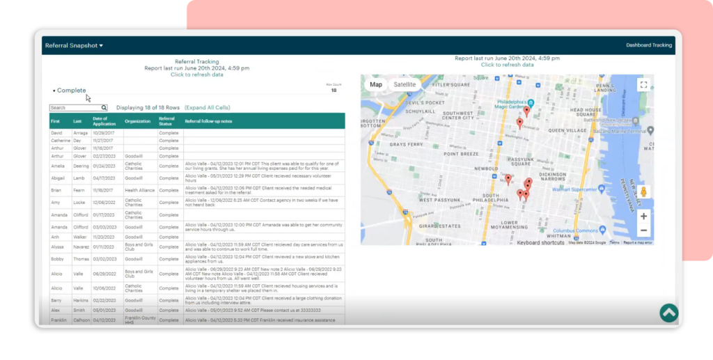Screen showing a list of active referrals and a map