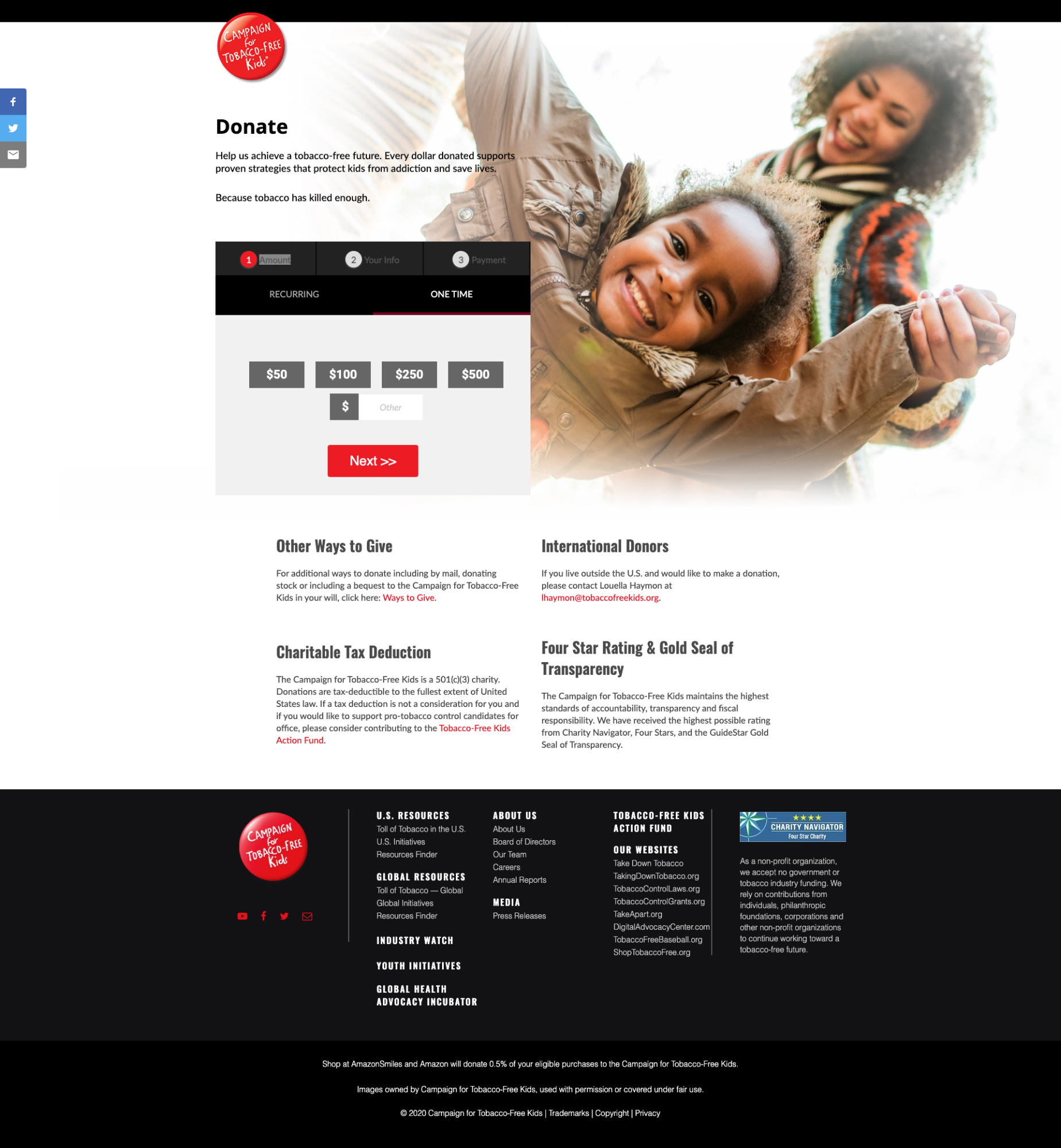 The donation form from TobaccoFreeKids.org is pictured. This donation form breaks the donation process down into three steps and allows supporters to complete all actions from one page.