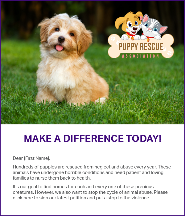 The image is an address to supporters beginning with “Dear [First Name],” indicating nonprofits could populate the first name brackets with each of their supporters’ names.