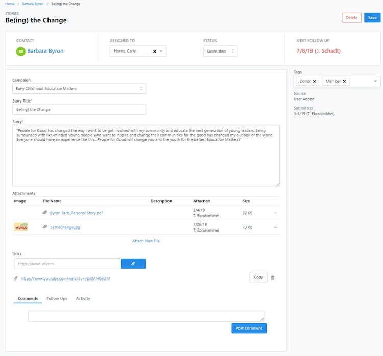 This is an example of a story’s details page within the Story Collection tool. It includes the story, attachments, and staff assignment.
