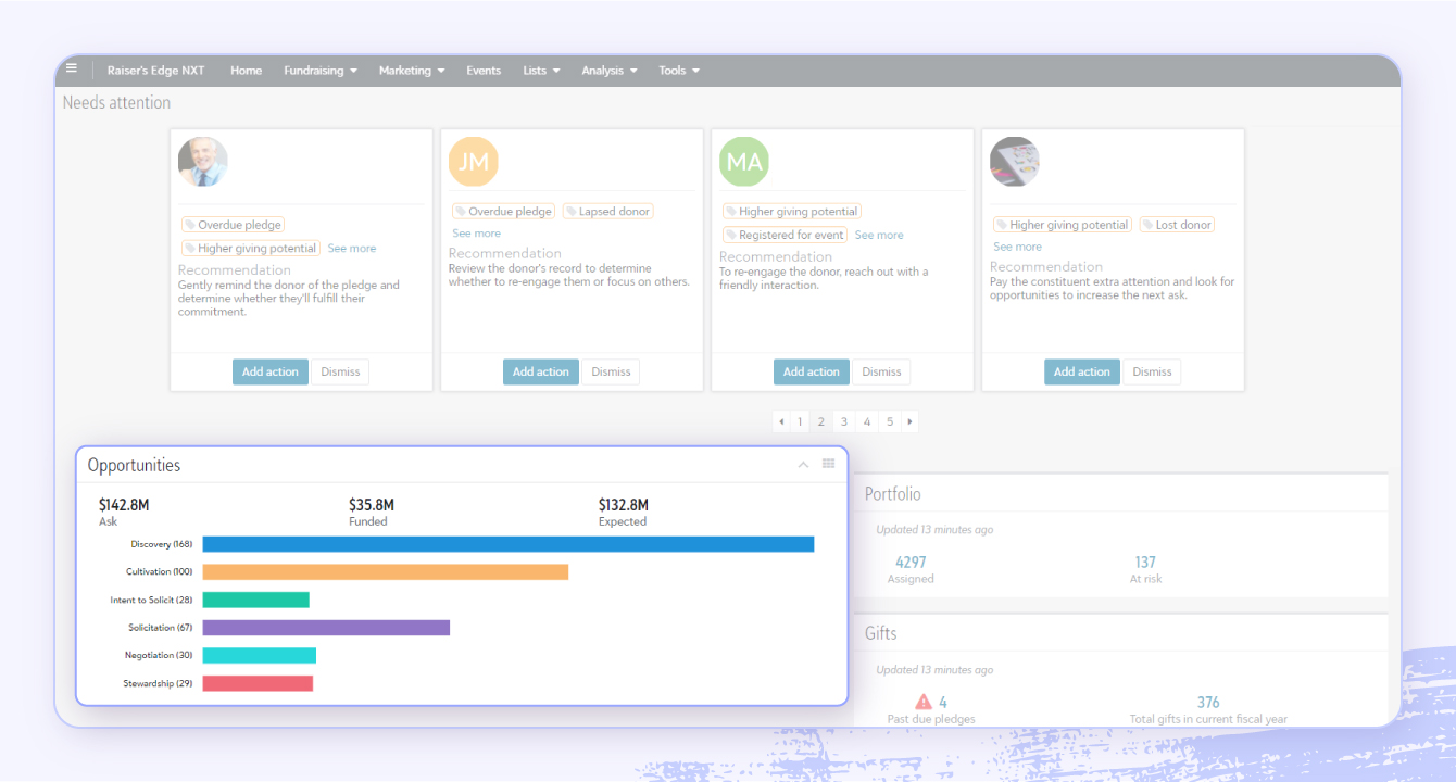 A screenshot of Blackbaud software highlighting donor management features.