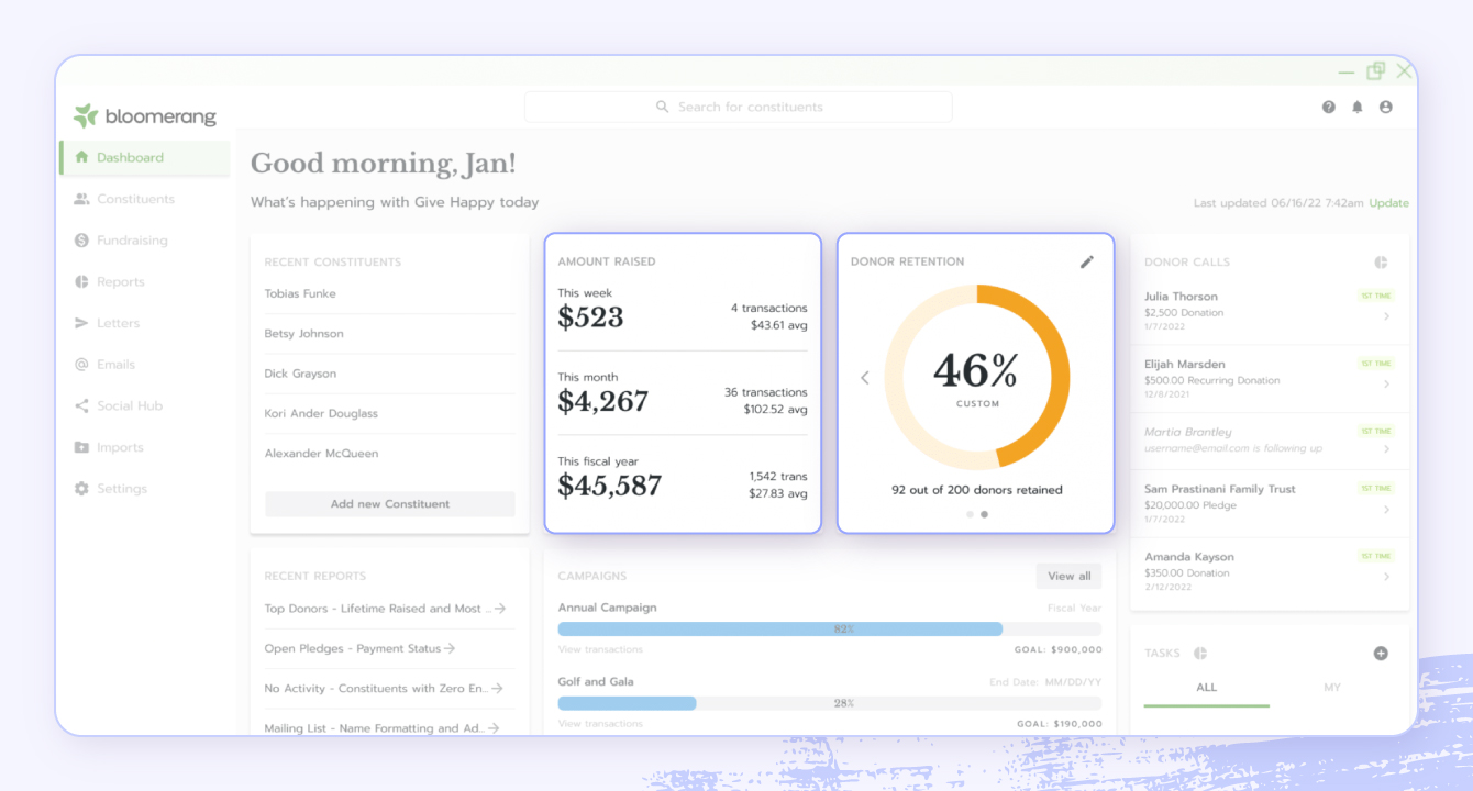 A screenshot of Bloomerang software highlighting donor management features.