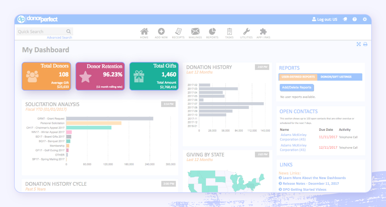A screenshot of DonorPerfect software highlighting donor management features.