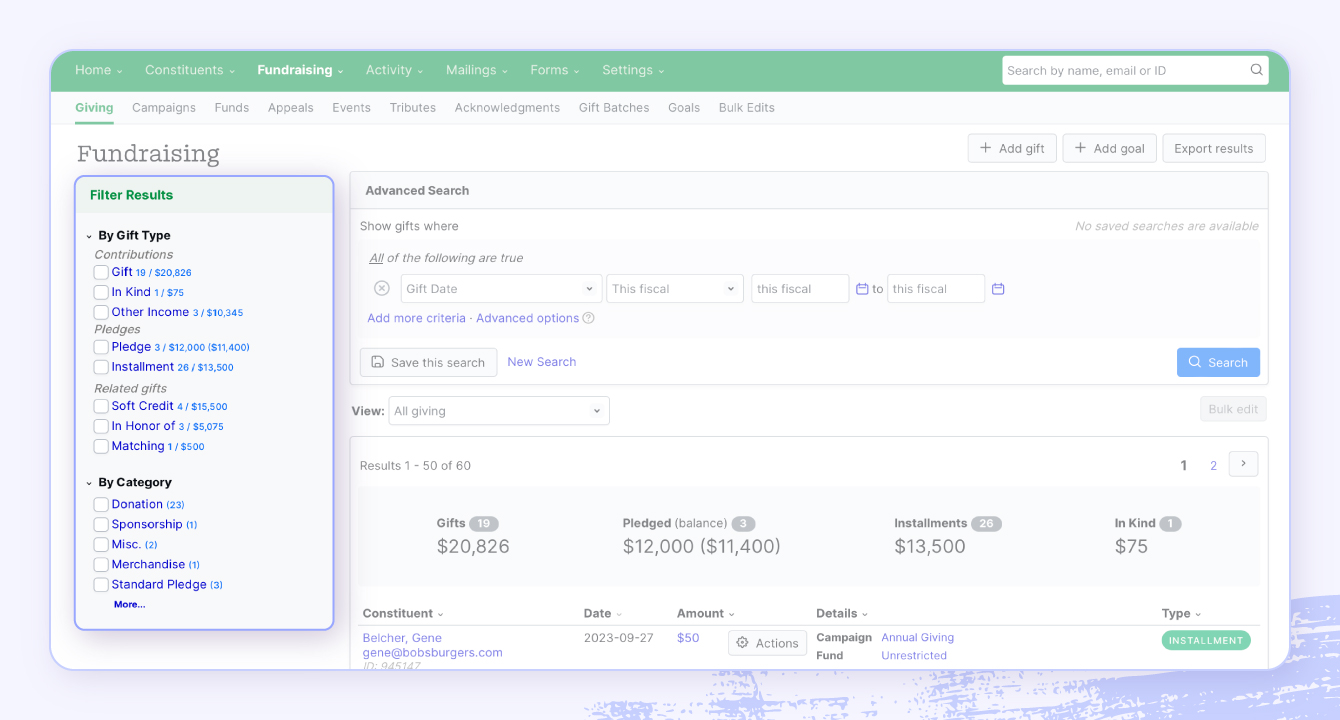 A screenshot of Little Green Light software highlighting donor management features.