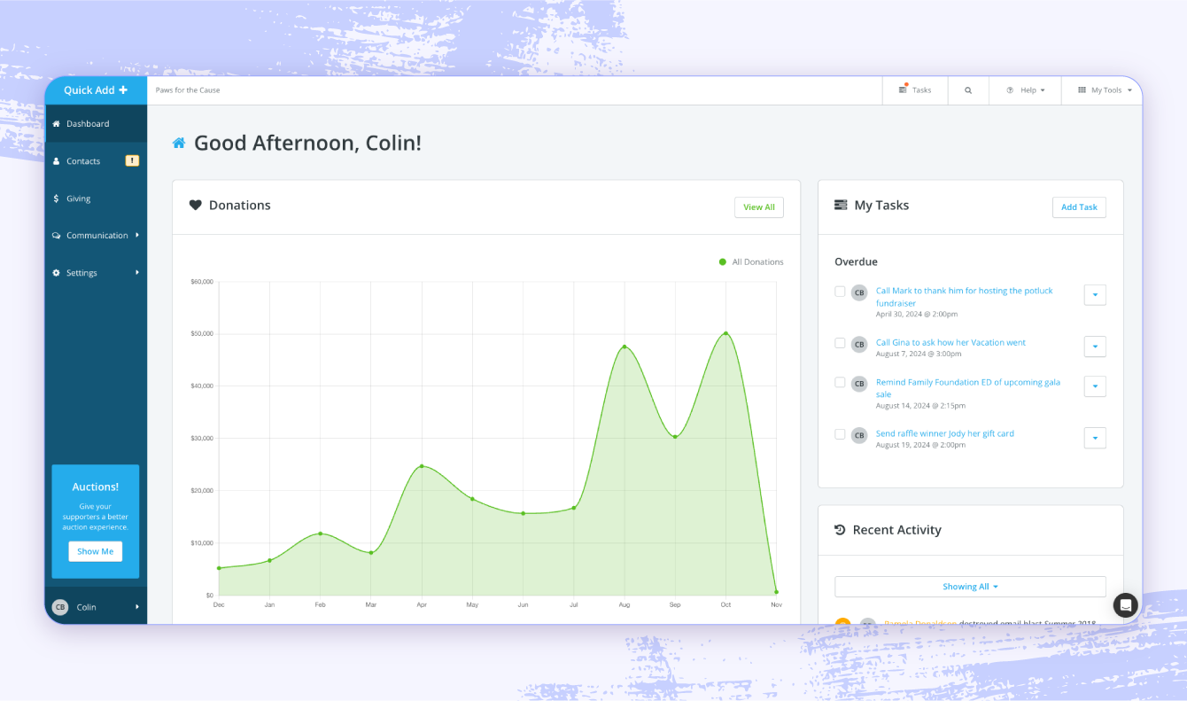 A screenshot of Bonterra Fundraising and Engagement software highlighting the communications and donation tracking features.