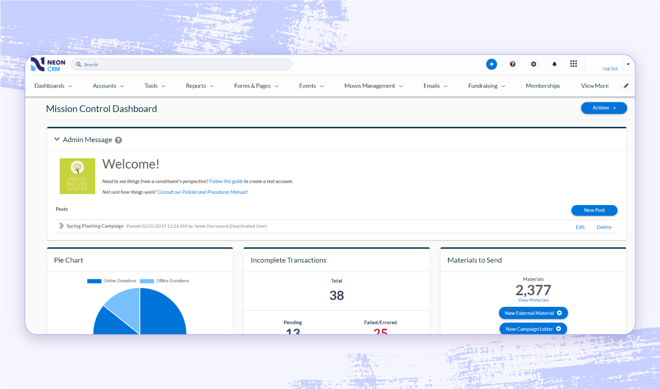 A screenshot of Neon CRM highlighting reports, forms and pages, and membership tabs.