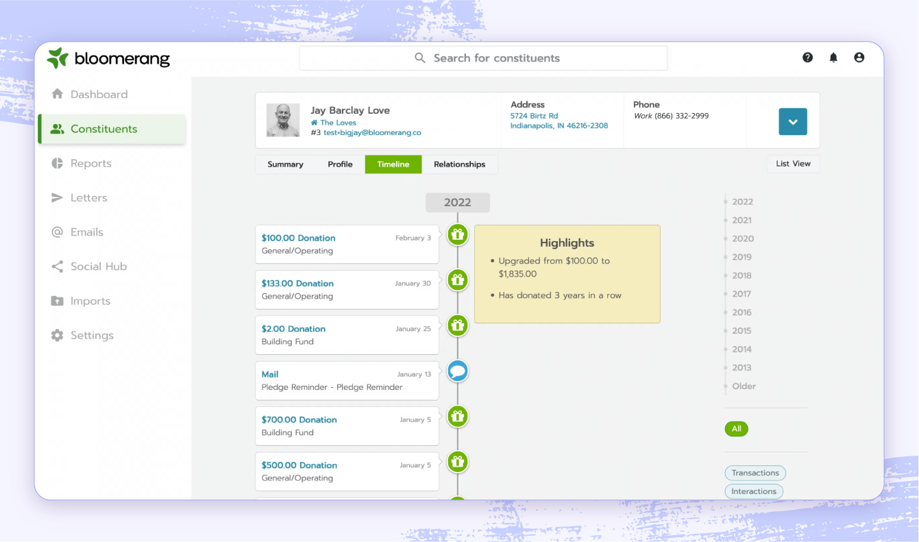 Screenshot of Bloomerang membership management software highlighting summary notes and contributions.