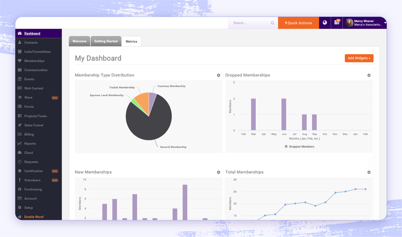 A screenshot of GrowthZone membership management software dashboard highlighting the membership and reports tabs.