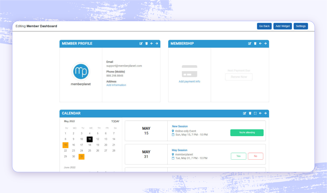 A screenshot of Memberplanet membership management software highlighting the member and membership tabs plus smart email list builder.