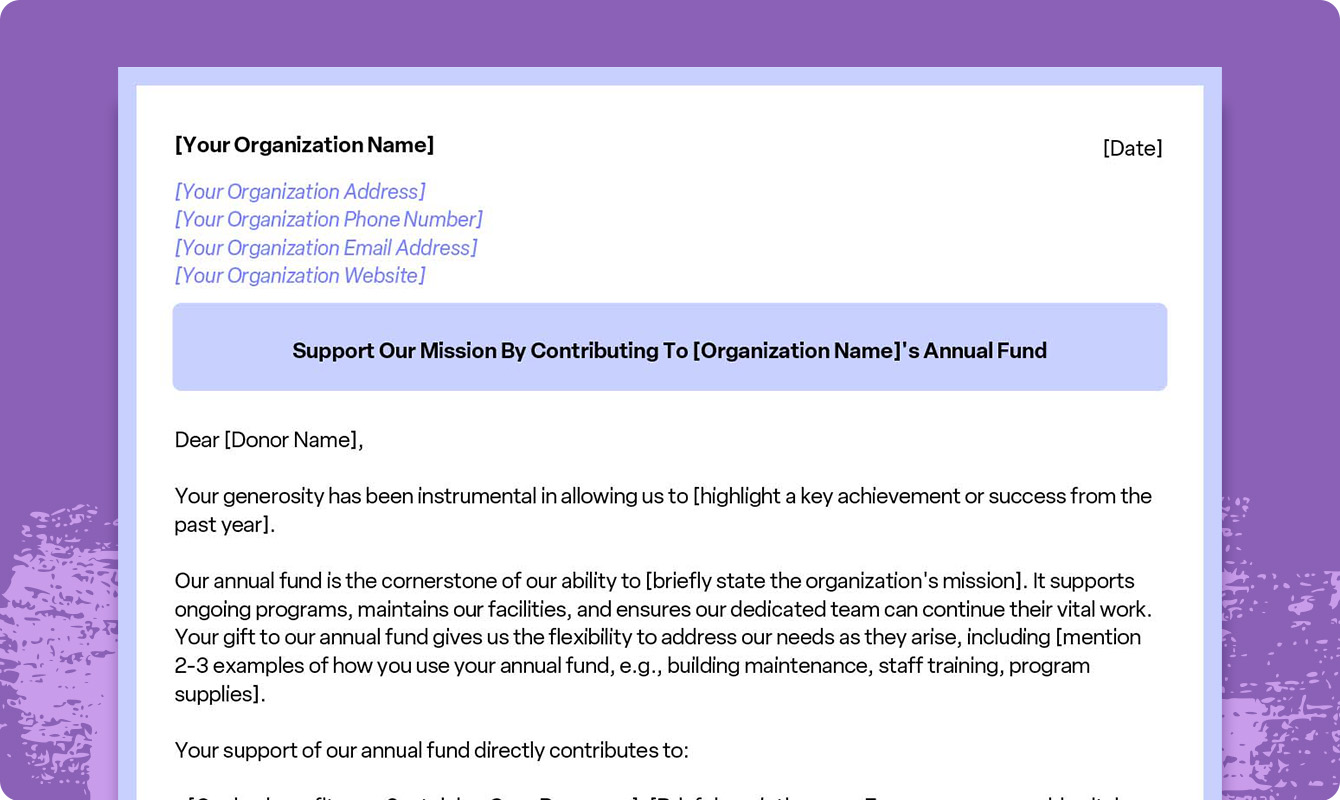 A preview of a downloadable annual fund donation request letter template.