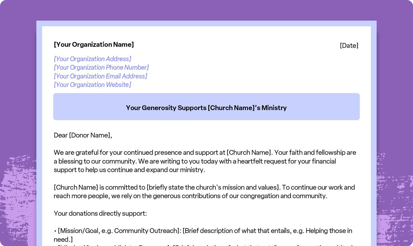 A preview of a downloadable church donation request letter template.