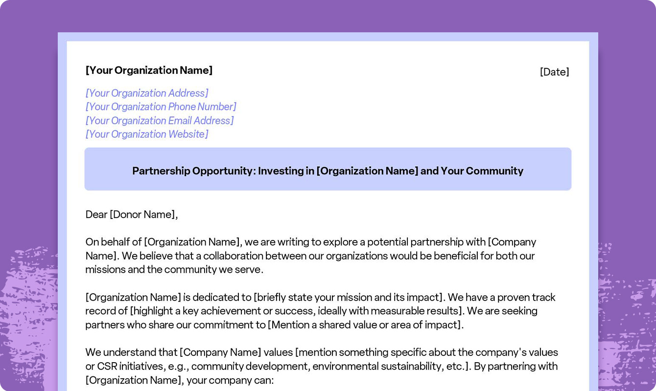 A preview of a downloadable corporate donation request letter template.