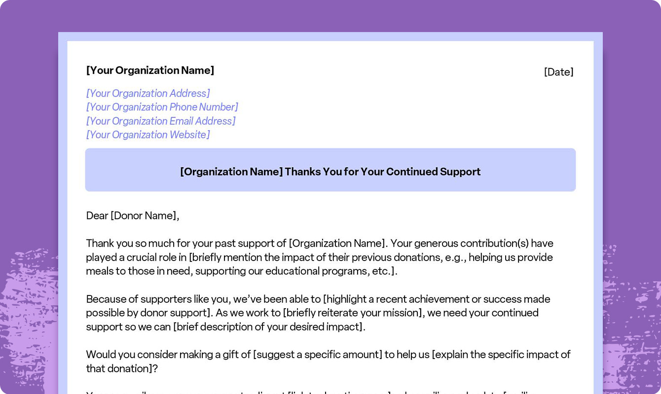 A preview of a downloadable current or past donation request letter template.