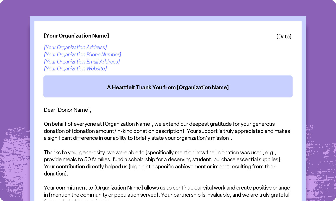 A preview of a downloadable donor appreciation letter template.