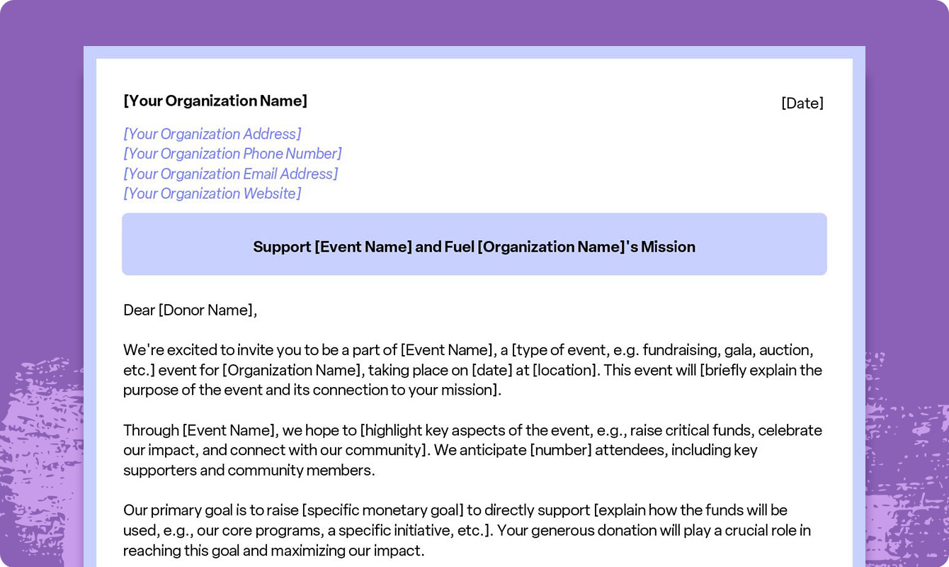 A preview of a downloadable event donation request letter template.