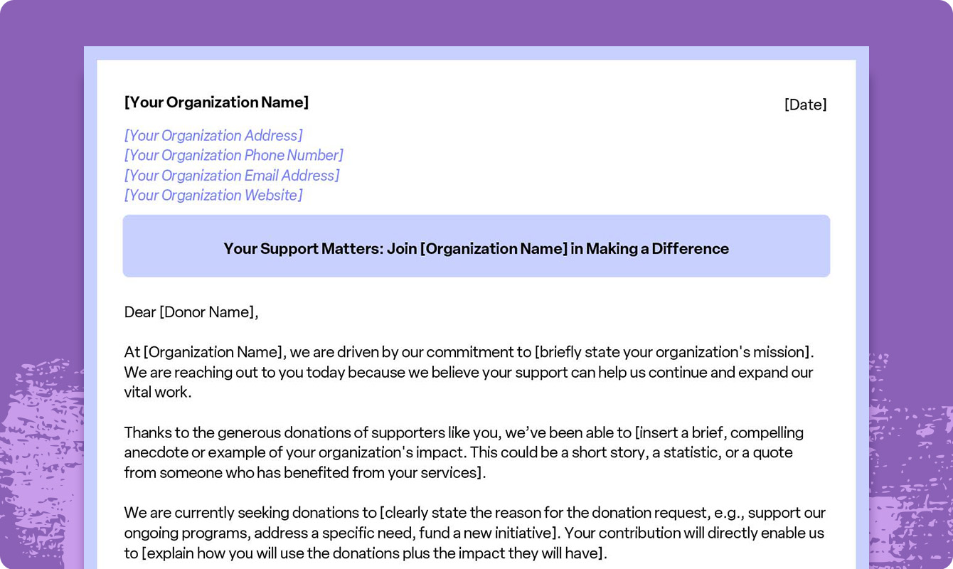 A preview of a downloadable general donation request letter template.