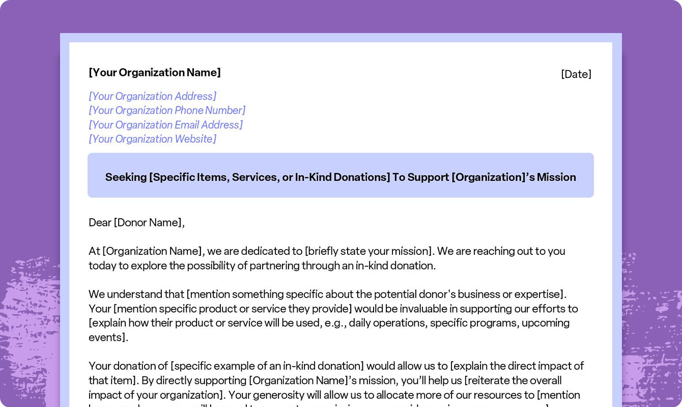 A preview of a downloadable in-kind donation request letter template.
