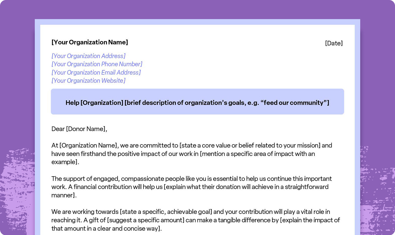 A preview of a downloadable new donor donation request letter template.