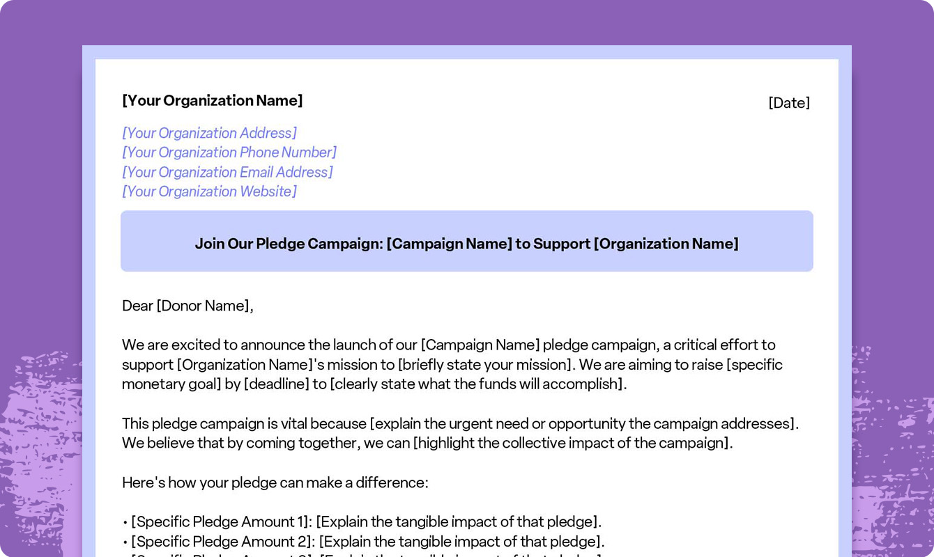 A preview of a downloadable pledge campaign donation request letter template.