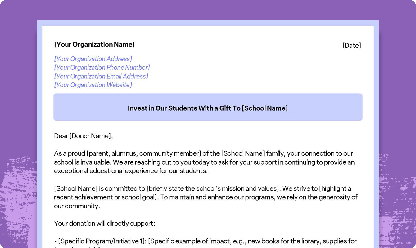 A preview of a downloadable school donation request letter template.