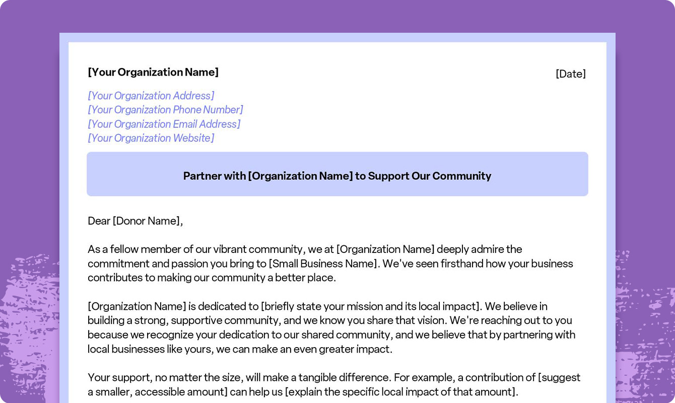 A preview of a downloadable small business donation request letter template.