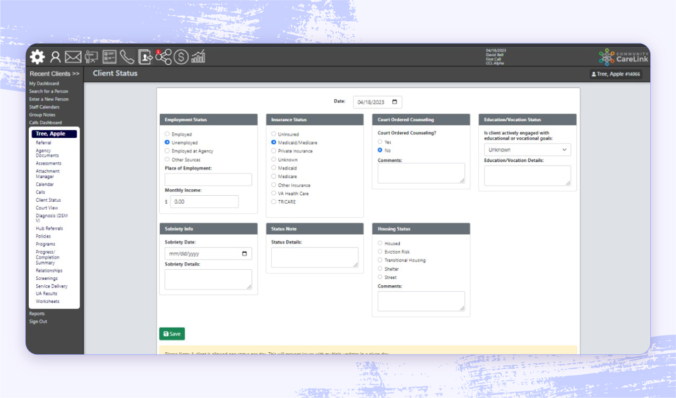 A screenshot of Community CareLink's nonprofit case management software.