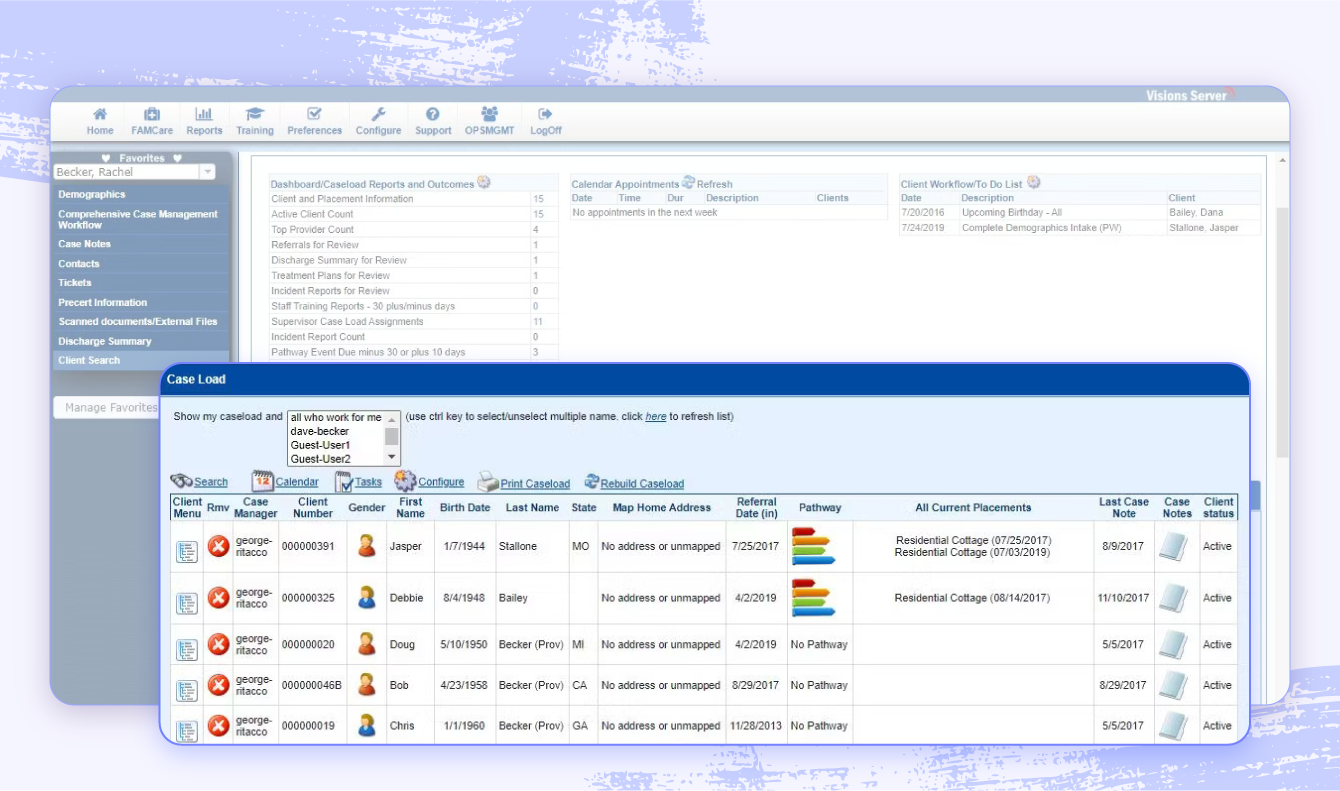 A screenshot of FAMcare's nonprofit case management software.
