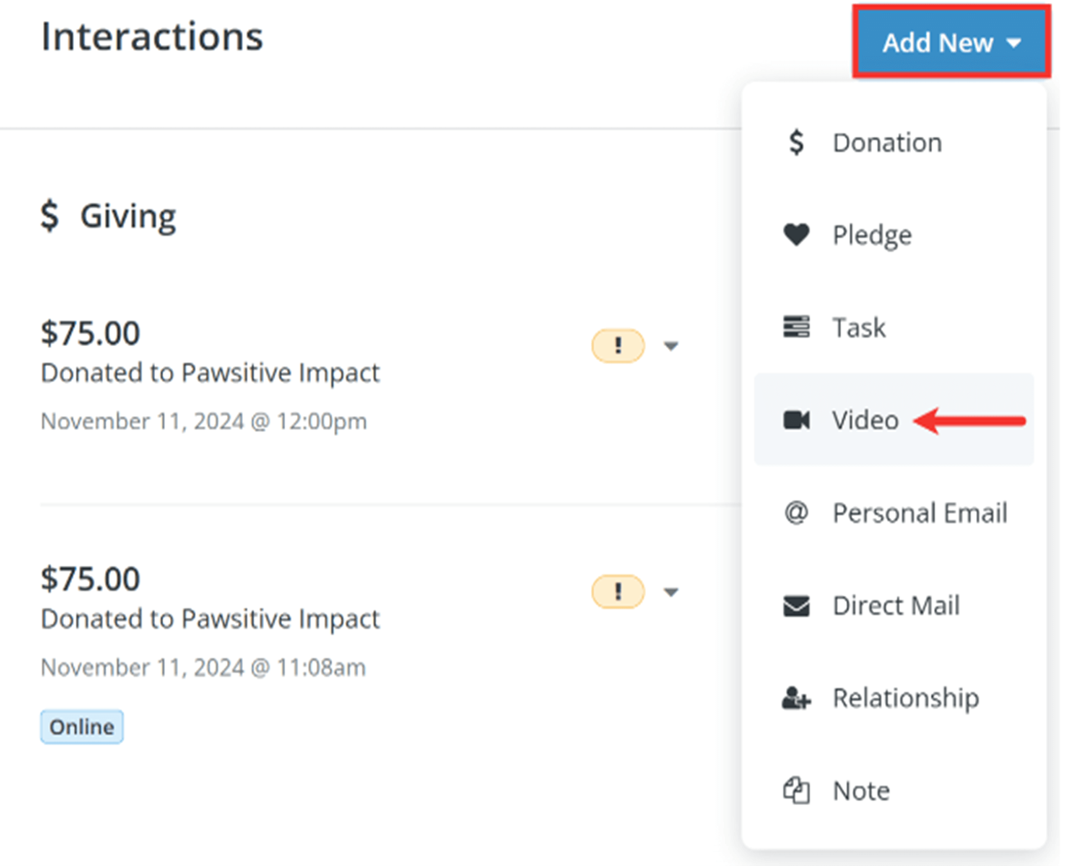 Screenshot of donor profile with Send a Video dropdown highlighted
