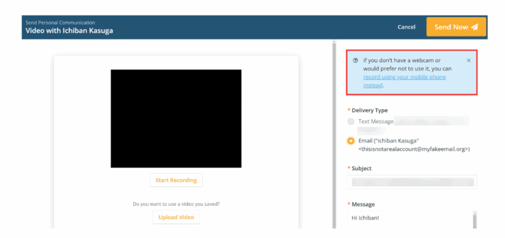 Screenshot showing a video message ready to send with subject and preview link