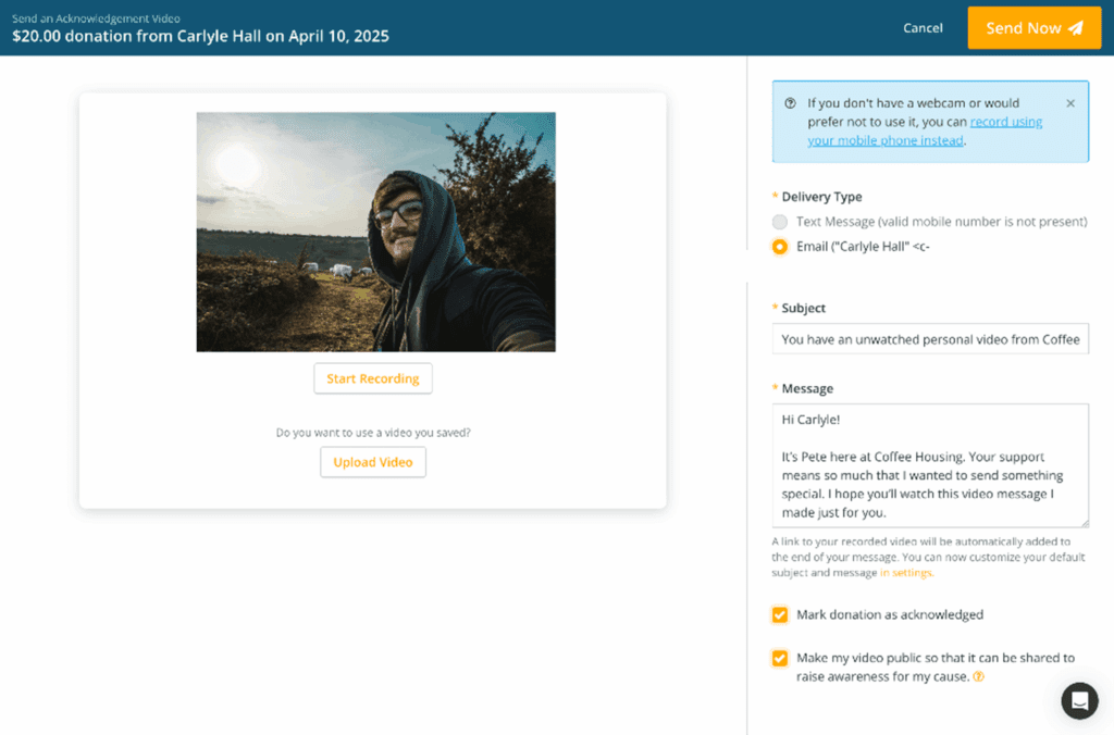 Screenshot of the video message composer with boxes checked