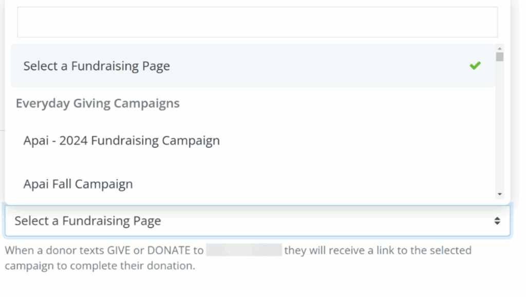 Screenshot of Text-to-Give settings with dropdown to assign a donation page