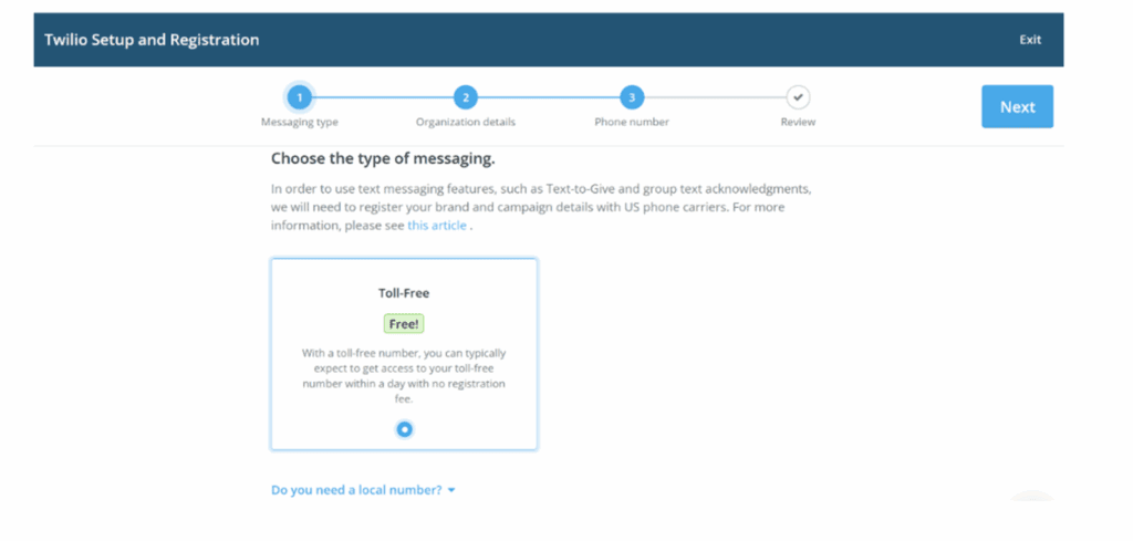 Screenshot of Twilio setup options with "Toll-Free" selected