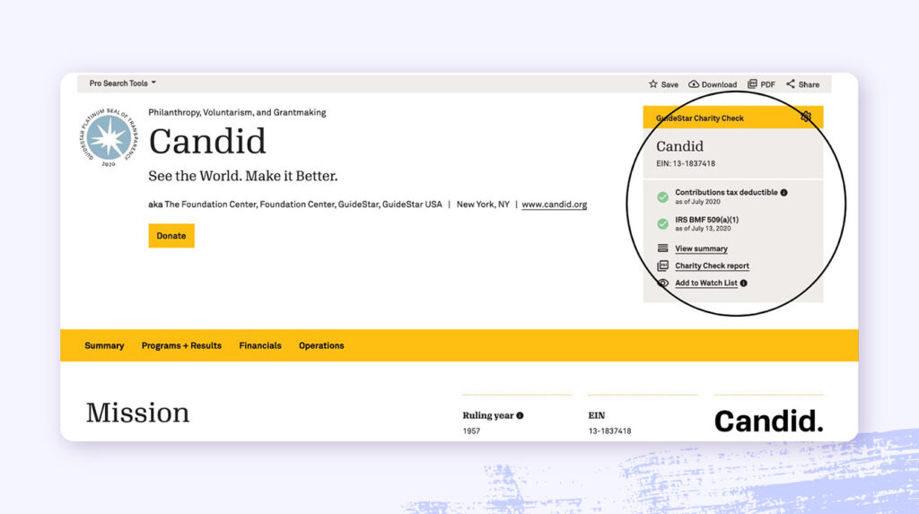A screenshot of Candid GuideStar