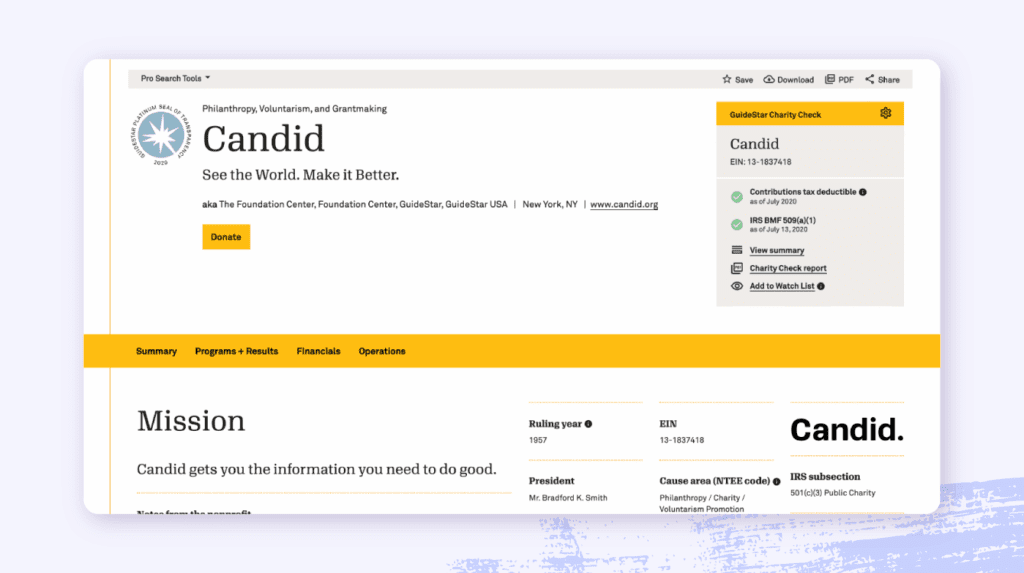A screenshot of Candid GuideStar