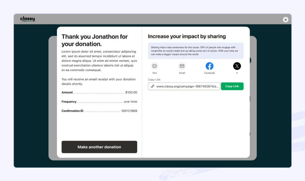A screenshot of the Classy nonprofit software.