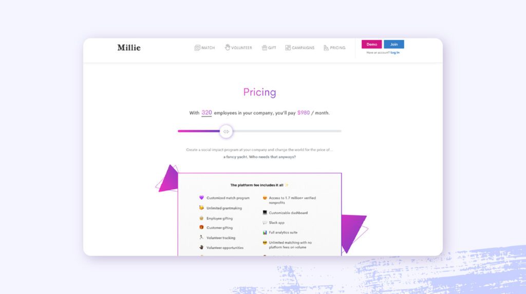 A screenshot of Millie's pricing dashboard.
