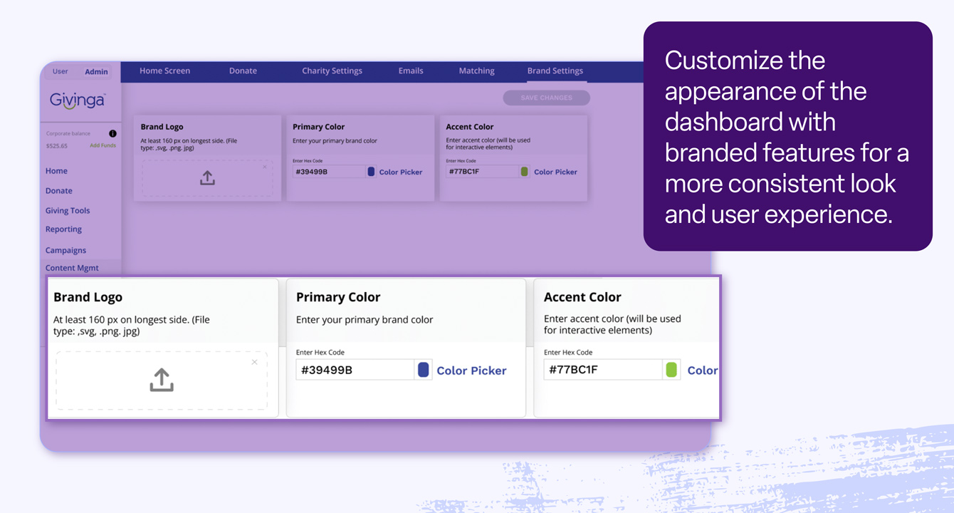 An annotated screenshot of Philantech by Givinga software highlighting the branded customization.