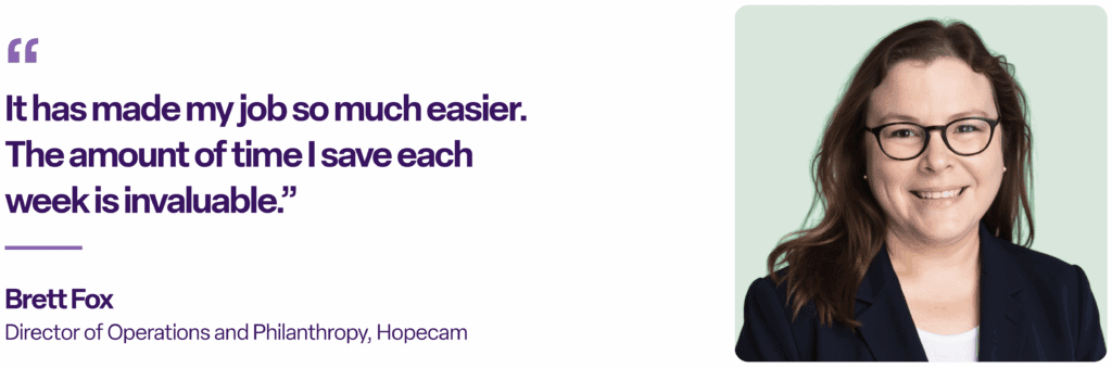 “It has made my job so much easier. The amount of time I save each week is invaluable.”
Brett Fox
Director of Operations and Philanthropy, Hopecam