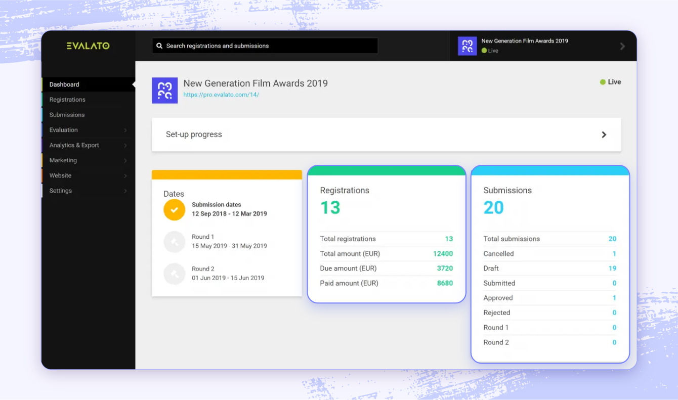 A screenshot of the Evalato software highlighting its registration and submission tracking features.