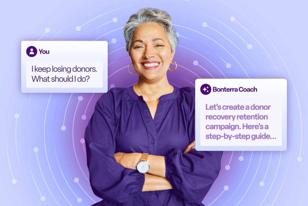 Smiling woman with chat bubbles symbolizing Bonterra’s AI Coach offering donor retention advice.