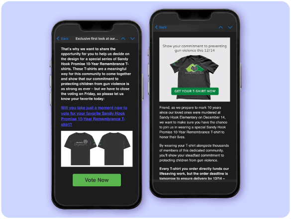 Two mobile phones displaying a Sandy Hook Promise campaign encouraging supporters to vote on a T-shirt design and purchase to support gun violence prevention.