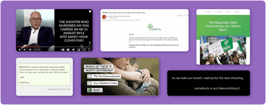 Collage of advocacy materials from Sandy Hook Promise including a video, email alert, protest signage, and campaign messages promoting gun safety legislation.